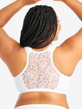 Back view of cotton front-closure lace racerback bra in white