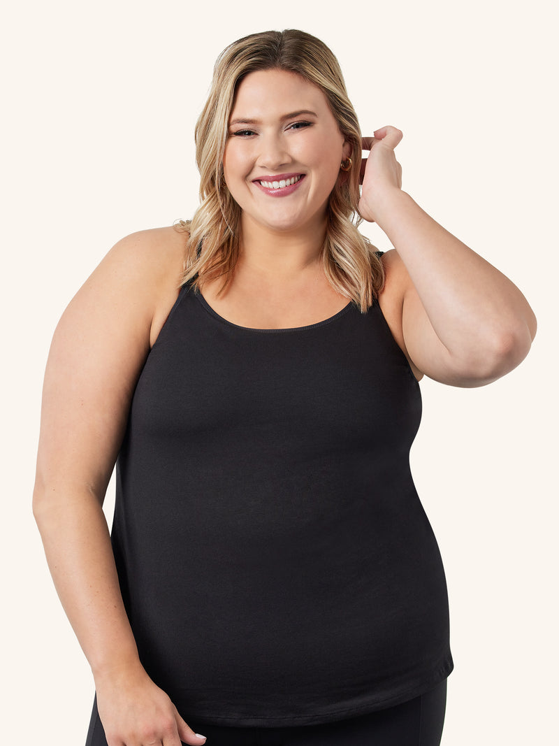 Front view of maternity and nursing tank with built-in nursing bra in black
