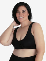 Front view of front-closure seamless comfort bra in black onyx
