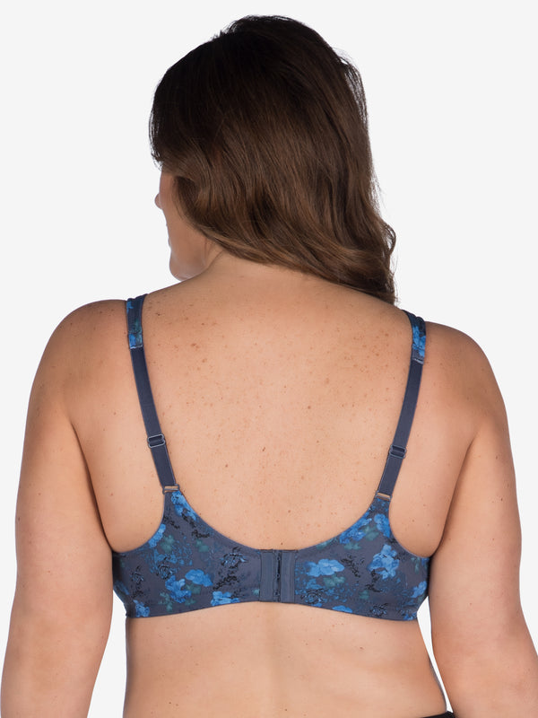 Back view of full coverage underwire padded bra in blue floral
