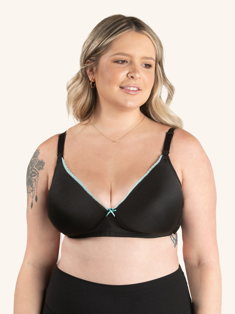 Front view of wirefree t-shirt nursing bra in black