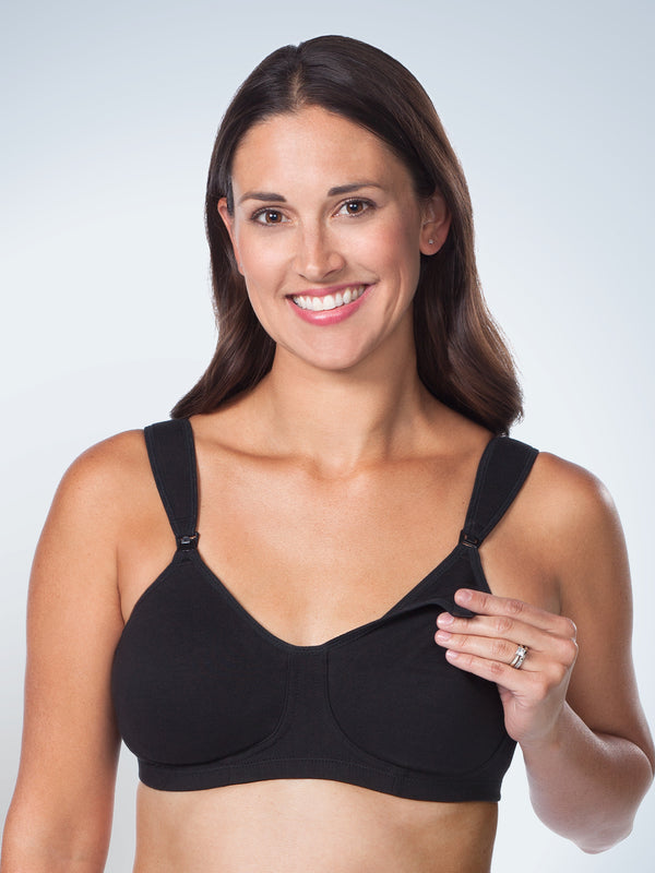 Front view of loving moments sof loving momentst cup nursing bra in black