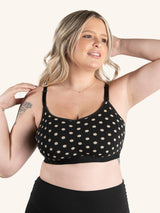 Front view of front comfort nursing bra in black with tan dot