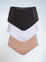 Front view of three pack luxe body panty briefs in black white and warm taupe