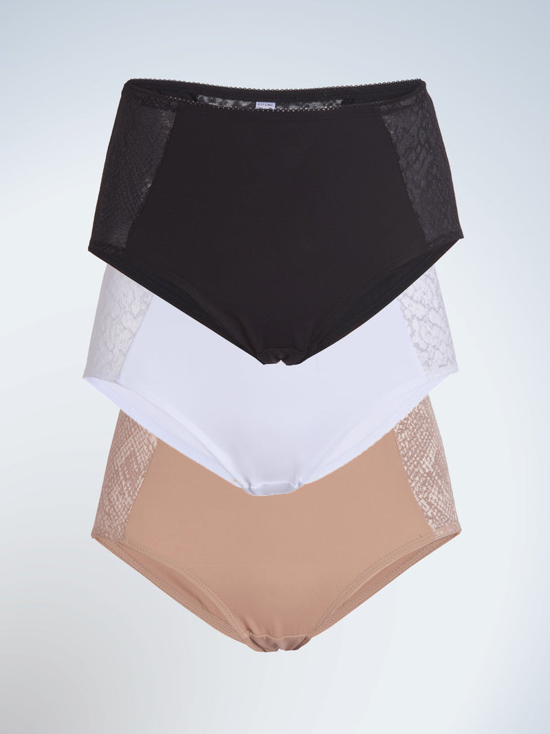 Front view of three pack luxe body panty briefs in black white and warm taupe