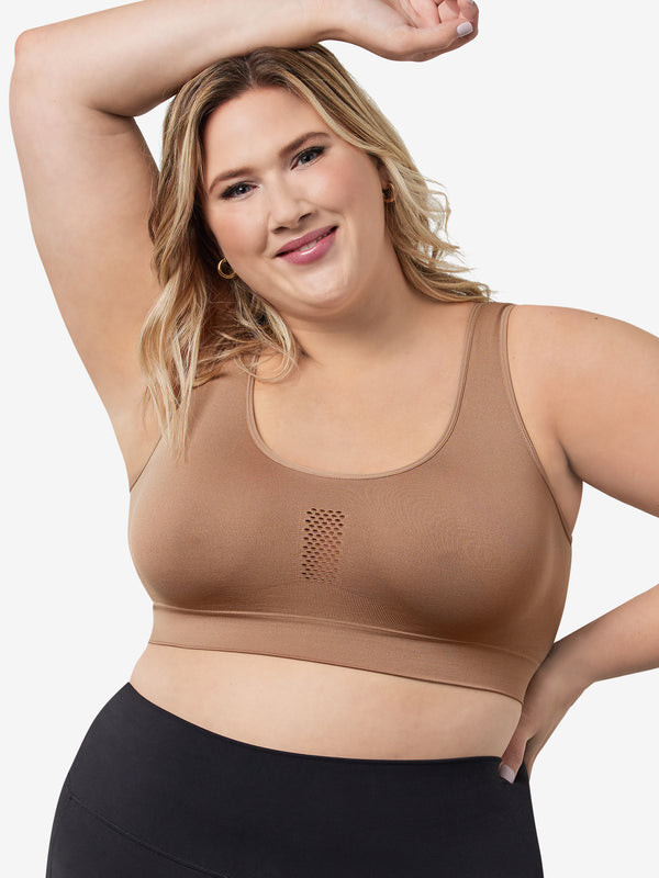 Front view of cooling everyday sports bra in truffle