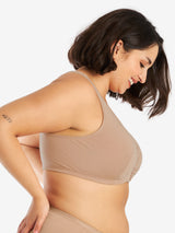Side view of cotton front-closure lace racerback bra in sand