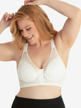 Front view of shimmer support back front-closure lace bra in white