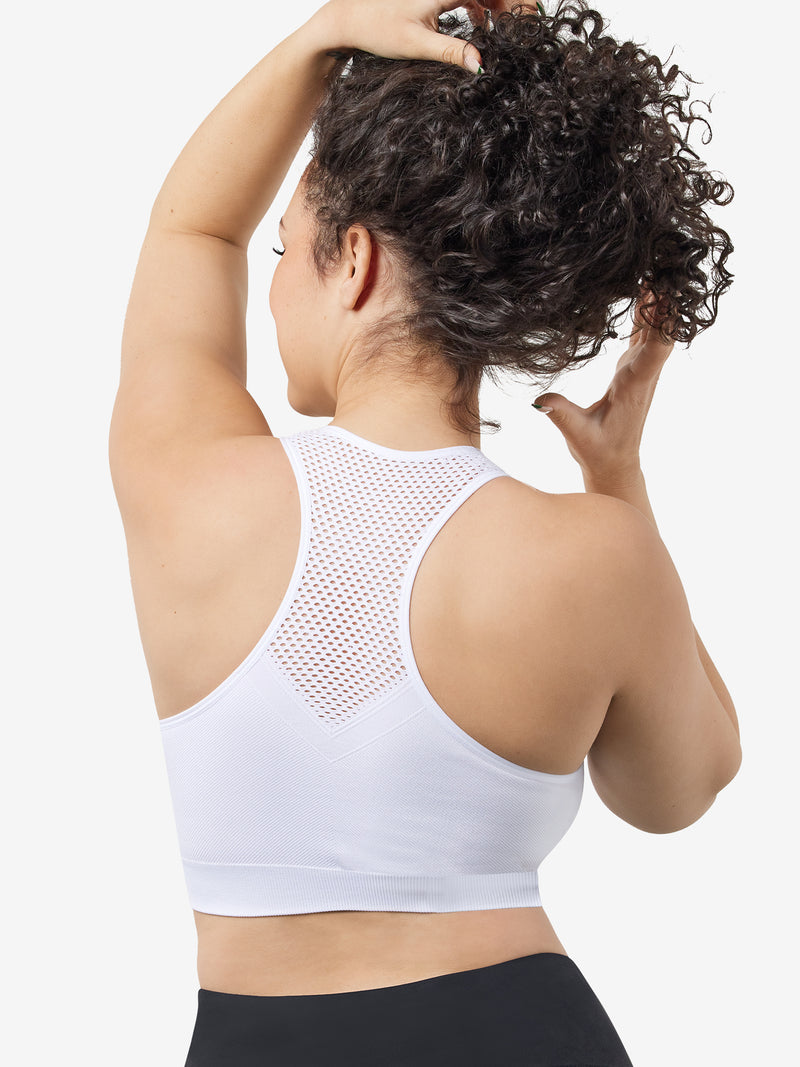 Back view of cooling racerback sports bra in white