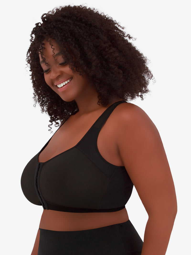 Close up detail view of back smoothing front-closure bra in black
