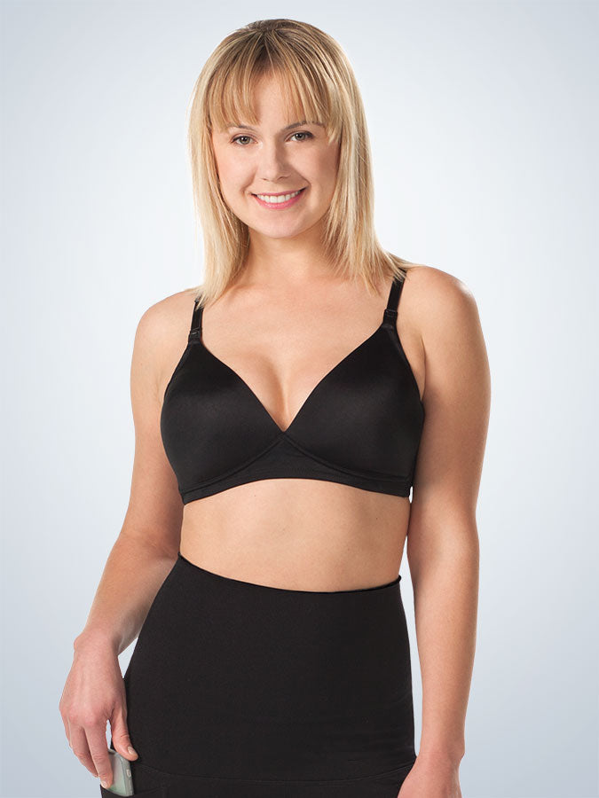 Front view of molded seamless wirefree nursing bra in black
