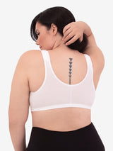 Back view of cotton front-closure wirefree comfort bra in white