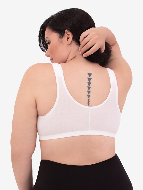 Back view of cotton front-closure wirefree comfort bra in white