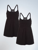 Front view of two pack lace back maternity and nursing tank in black
