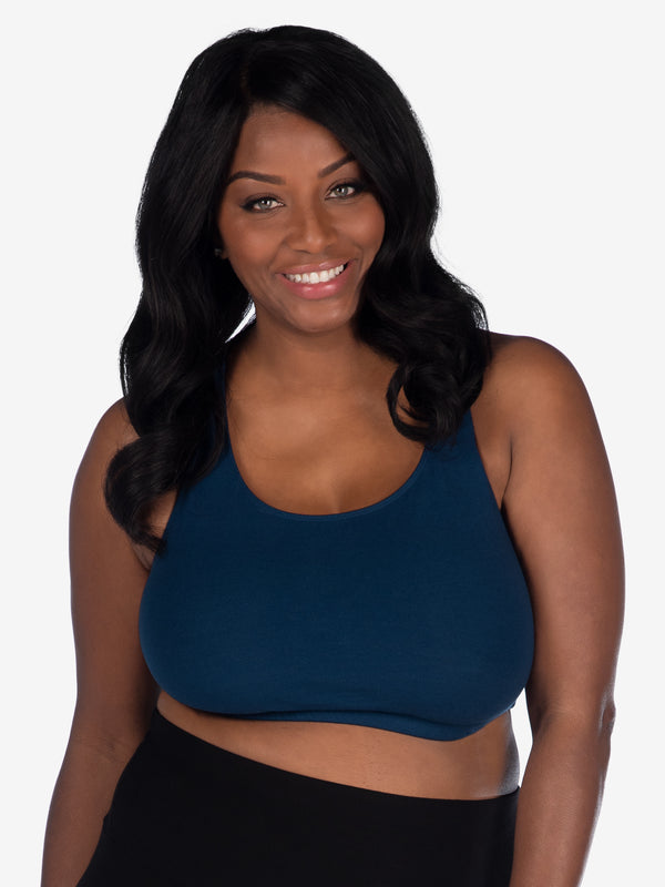 Front view of cotton wirefree sports bra in navy