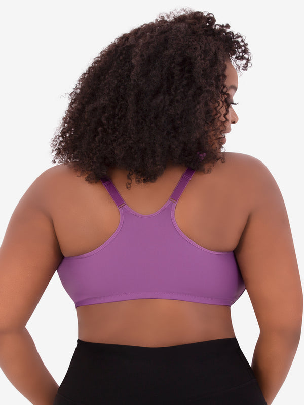 Back view of front-closure racerback t-shirt bra in amethyst plum