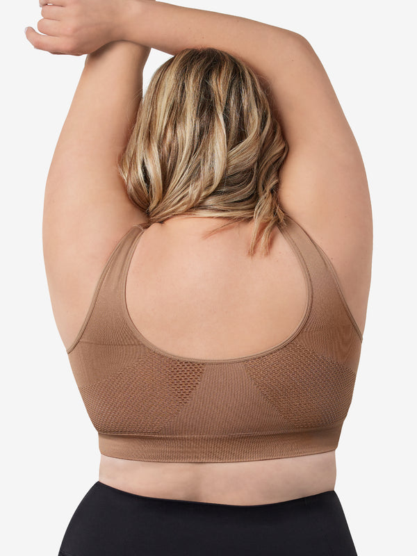 Back view of cooling everyday sports bra in truffle
