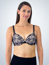 Front view of loving moments underwire lace nursing bra in black lace over blush
