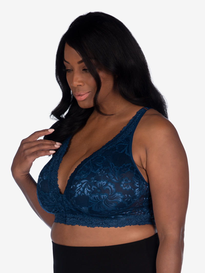 Side view of lace wirefree front-closure bralette in navy