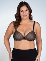 Front view of loving moments underwire lace nursing bra in black check lace over warm taupe