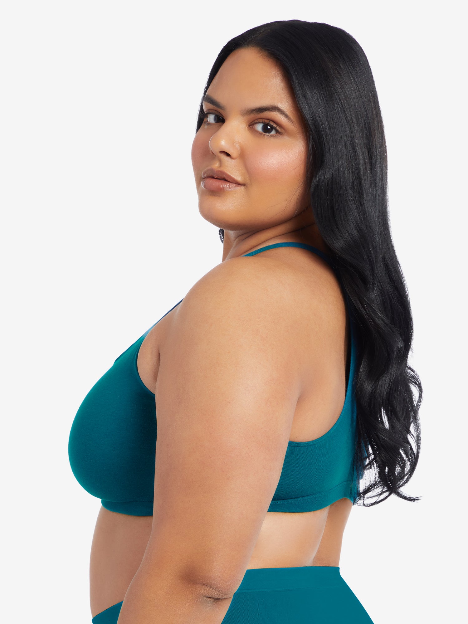 Front view of cotton wirefree sports bra in blue teal