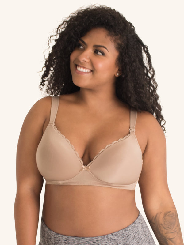 Front view of wirefree nursing and hands free pump bra in warm taupe