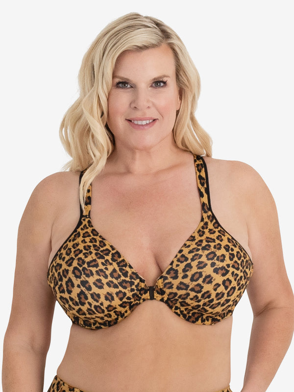 Side view of front-closure racerback t-shirt bra in core leopard