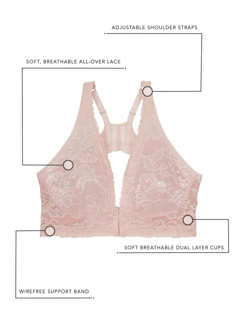 The Nola - Lace Wirefree Front-Closure Bralette - Pearl Pink,M