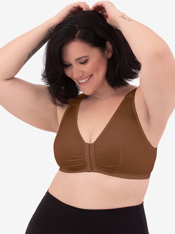 Front view of cotton front-closure wirefree comfort bra in mocha nude