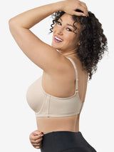 Side view of full coverage wirefree padded bra in nude