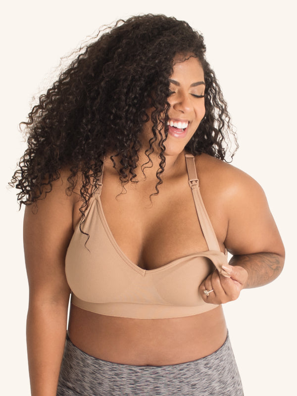 Front view of seamless wirefree nursing bra in warm taupe