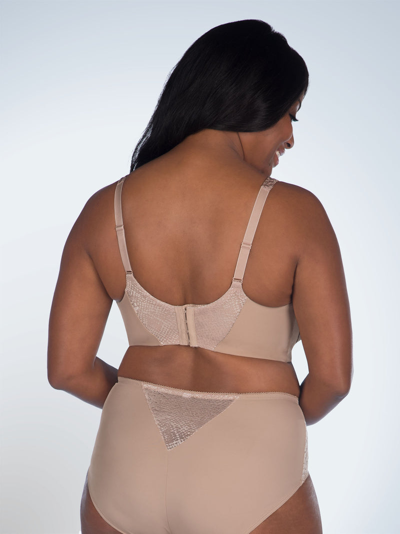 Back view of wirefree t-shirt bra in warm taupe