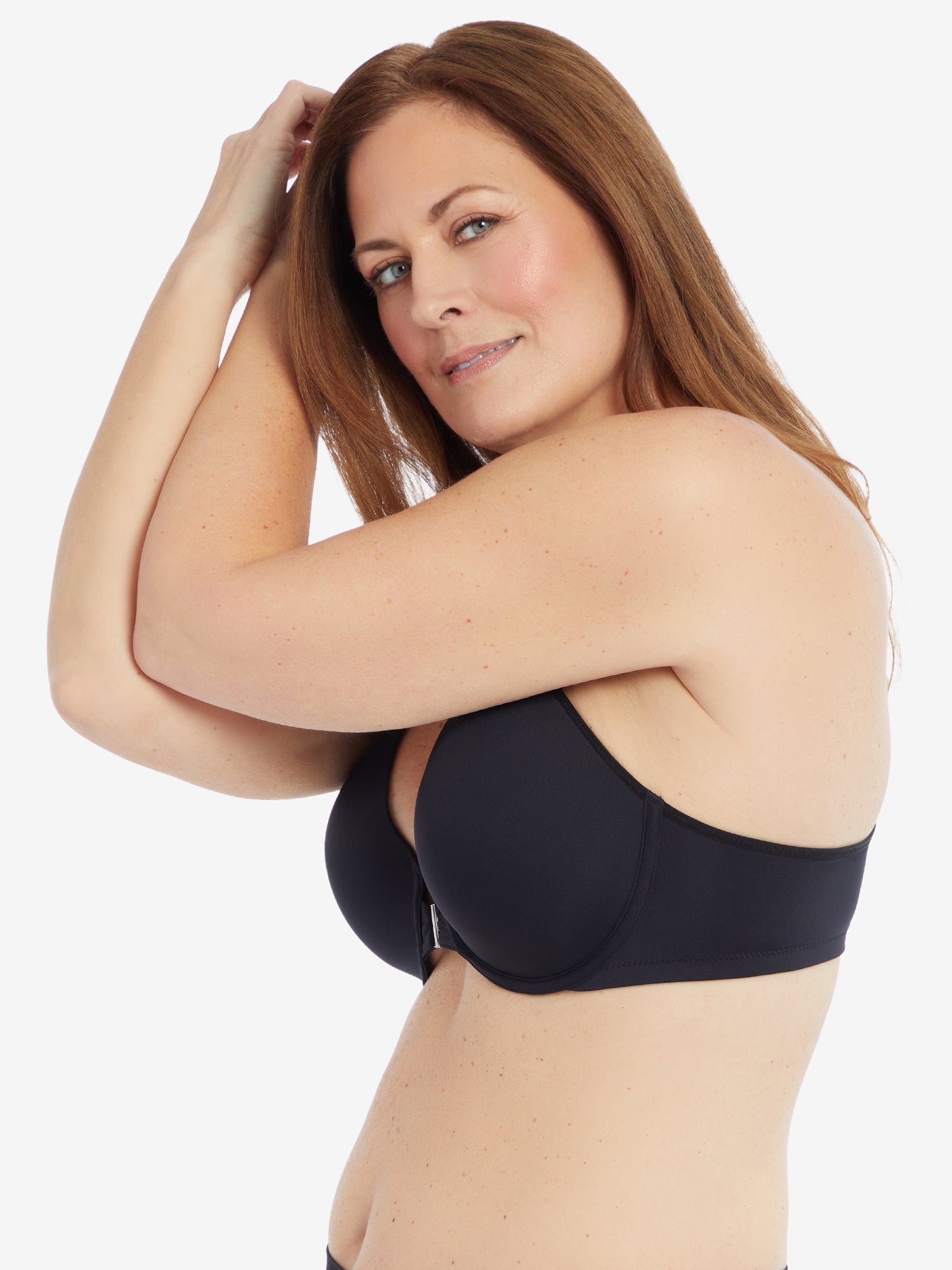 Side view of front-closure racerback t-shirt bra in black