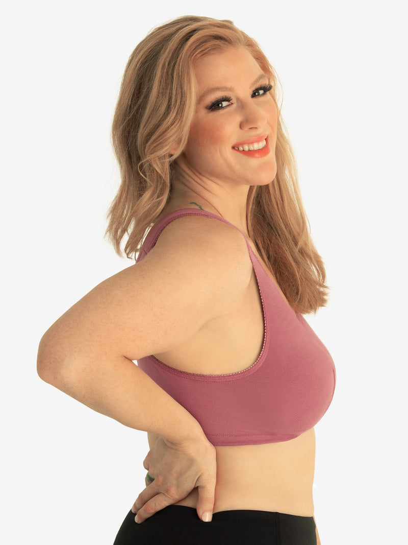 Side view of cotton front-closure wirefree comfort bra in wistful mauve