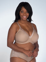 Front view of wirefree t-shirt bra in warm taupe