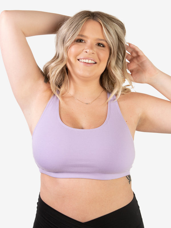 Front view of cotton wirefree sports bra in lavender