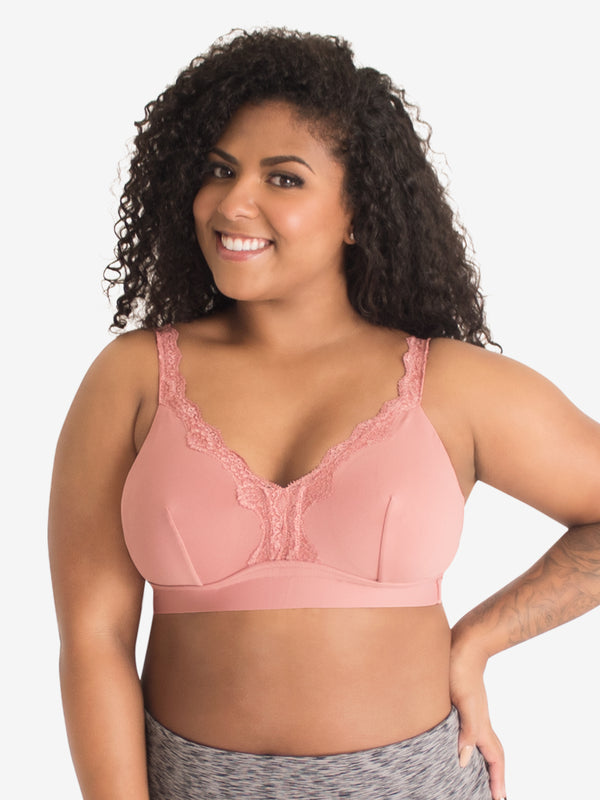 Front view of microfiber lace trim bralette in whisky rose