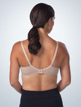 Back view of wireless maternity to nursing bra in warm taupe