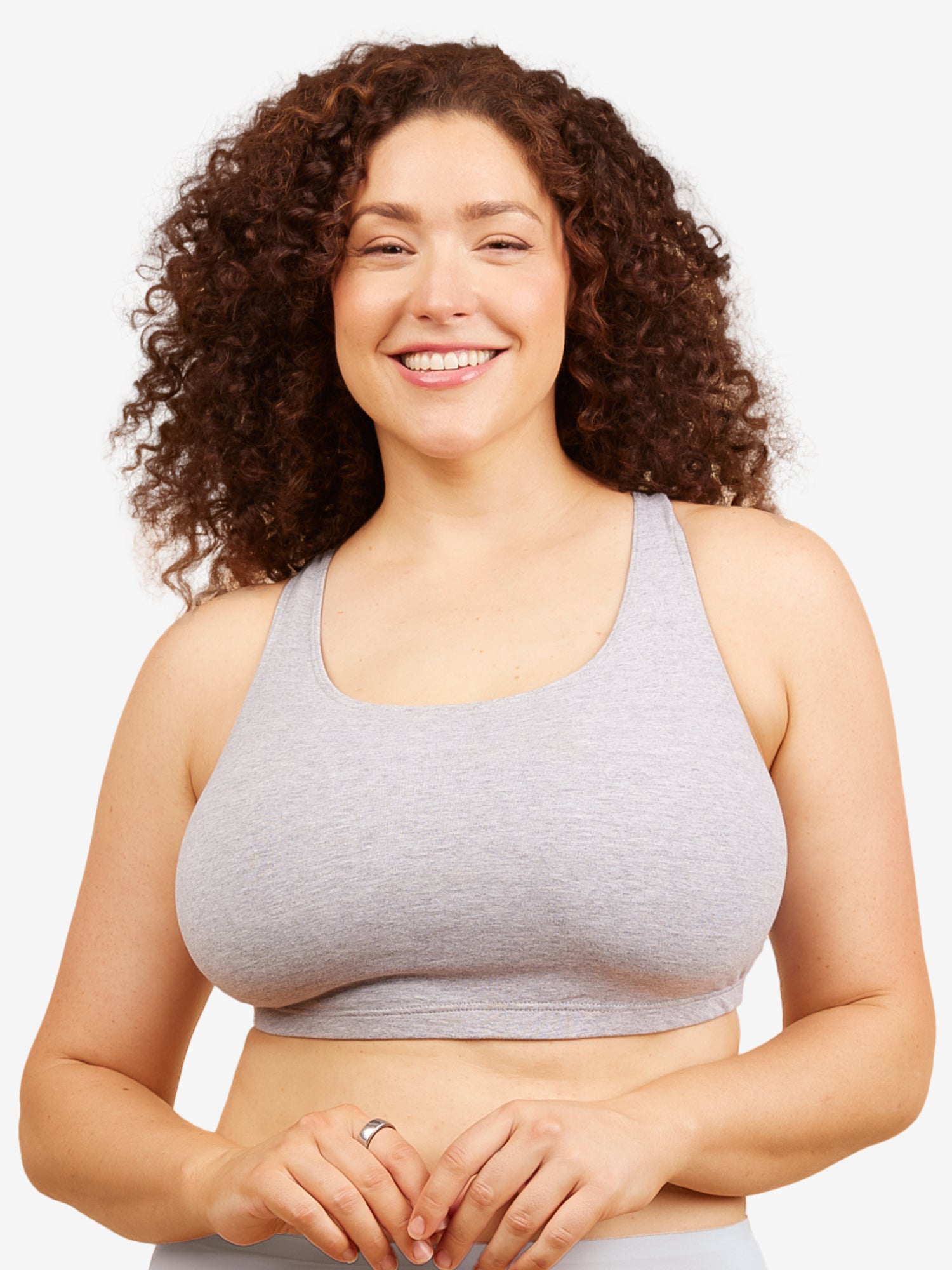 Front view of cotton wirefree sports bra in heather grey