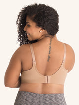 Back view of seamless wirefree nursing bra in warm taupe