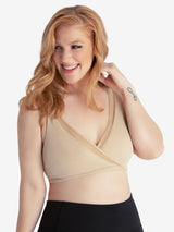 Front view of seamless crossover comfort bra in salt beige