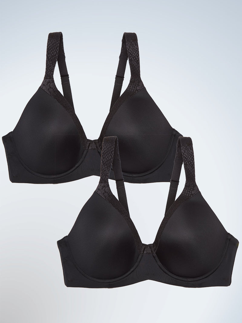 Front view of two pack underwire t-shirt full figure bra in black