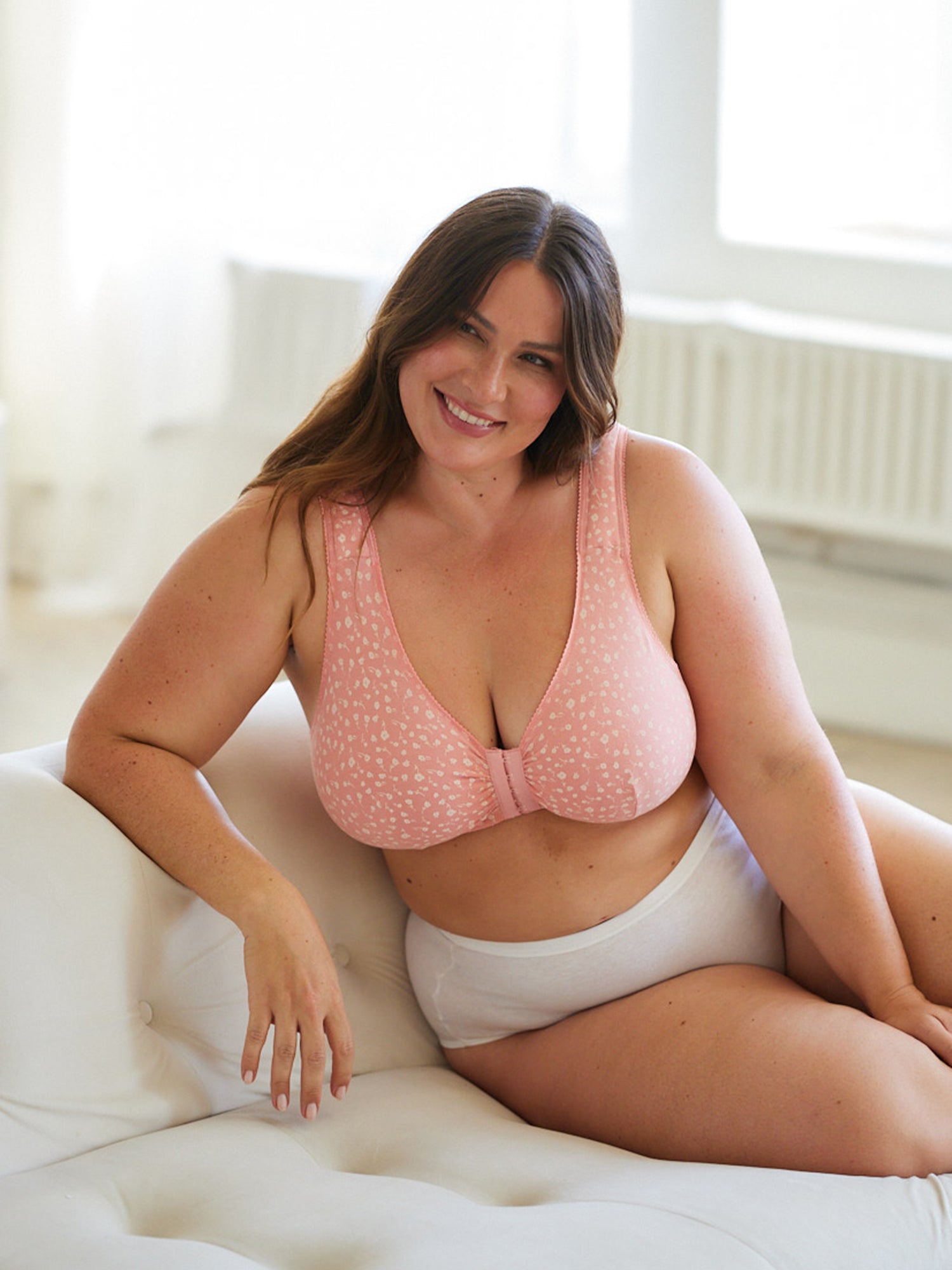 The Meryl - Cotton Front-Closure Comfort & Sleep Bra - Light Coral Floral Print,34CDDD