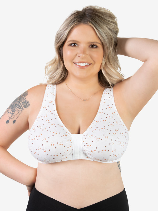 Front view of cotton front-closure wirefree comfort bra in toasted toffee triangle