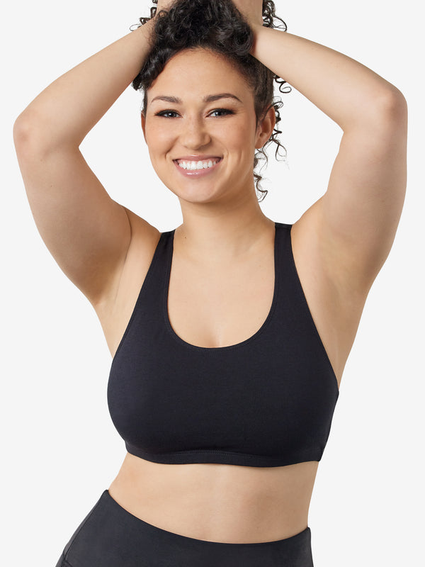Front view of cotton wirefree sports bra in black