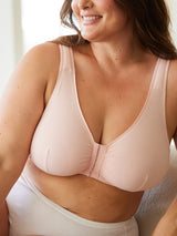 Front view of cotton front-closure wirefree comfort bra in pink