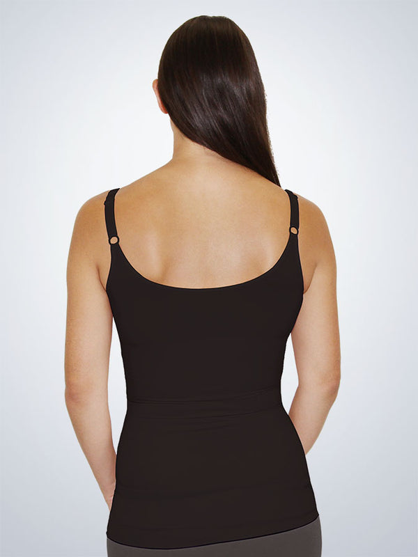 Back view of postpartum nursing shapewear cami with tummy control in jet black