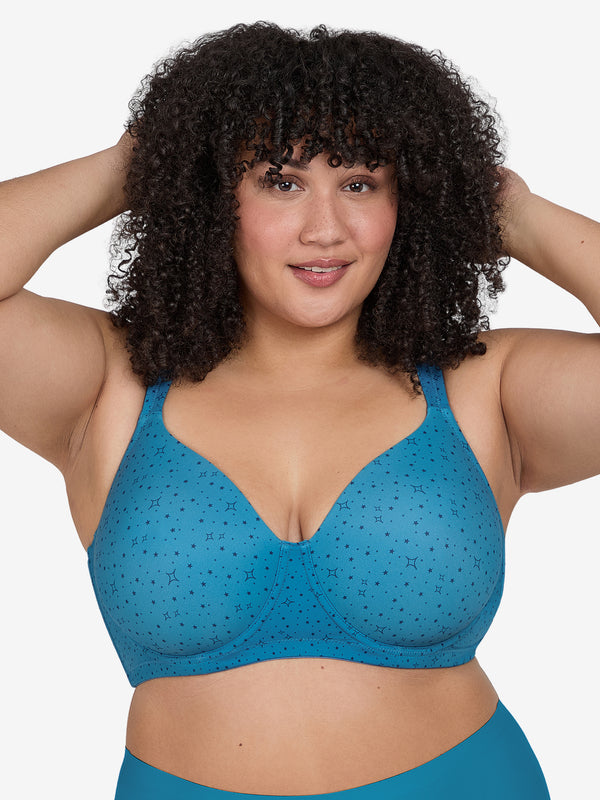 The Brigitte Full Coverage - Padded Underwire T-Shirt Bra - Blue Cosmic Print,38A