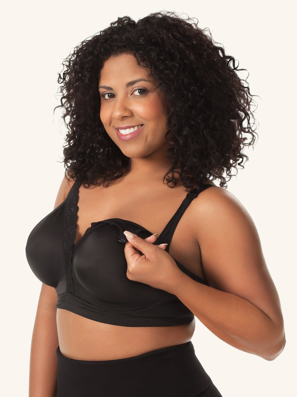 Back view of silky lace nursing bra in black