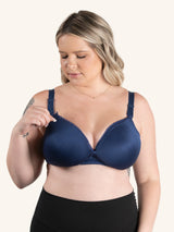 Front view of wirefree t-shirt nursing bra in sapphire